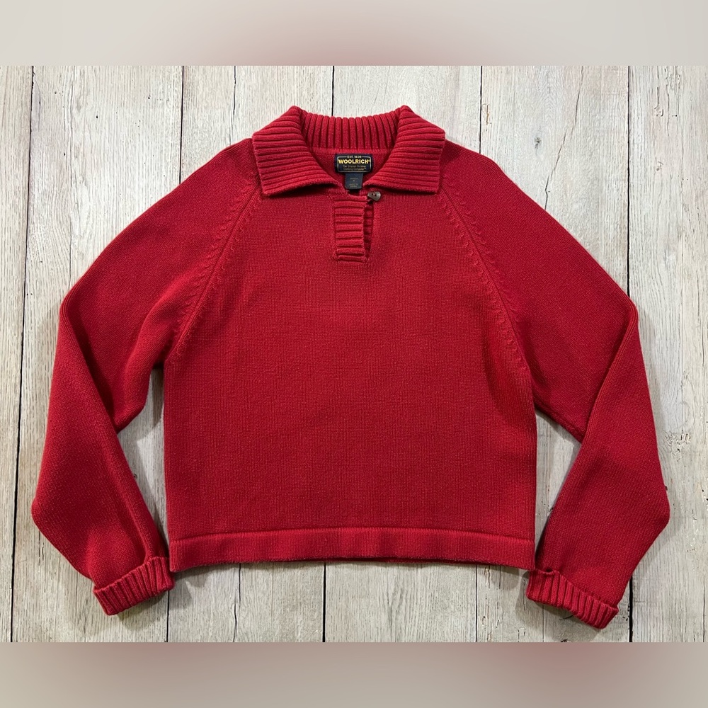 Woolrich Women’s Red Johnny Collar Quarter-Button Raglan Wool Sweater Size M